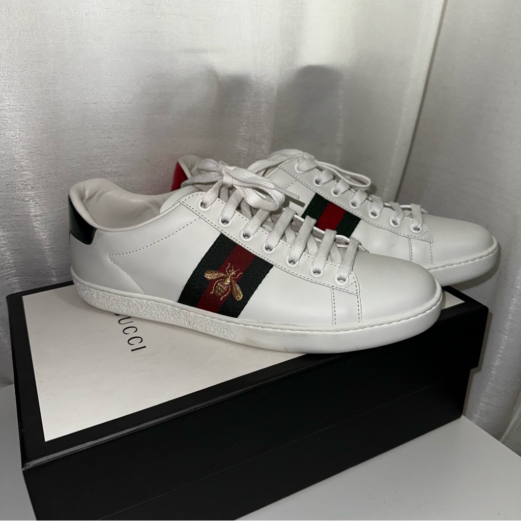 New Gucci New Ace Leather White Sneakers Bee Size 38.5